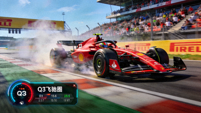 F1排位赛直播画面，法拉利赛车在赛道上进行飞驰圈